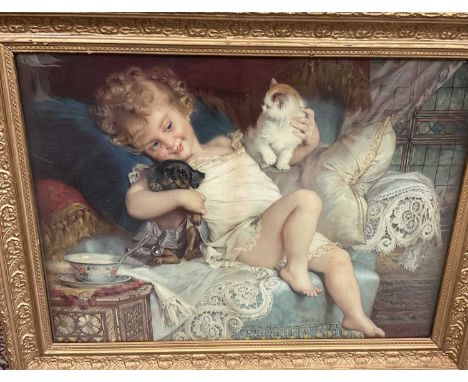 Two Pears type prints, the first depicting a child and her pets, 45 x 59, the second a girl with rabbits and two others simil