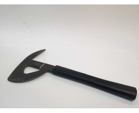 Second World War aircraft escape axe, with rubber covered shaft and steel head stamped 'E - Well 1944' and marked with broad 