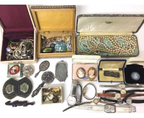 Group vintage costume jewellery including two cameo brooches, various silver brooches, miniature silver hand mirror, simulate