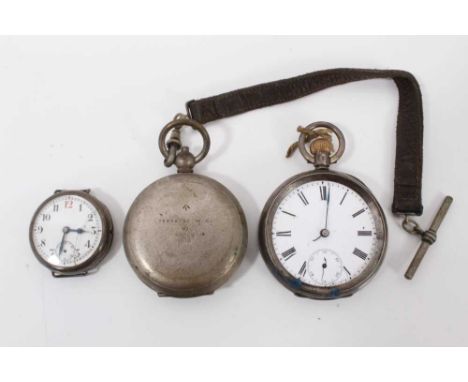 Omega silver cased pocket watch, one other silver cased watch and WWI military compass in steel case marked with crows foot, 