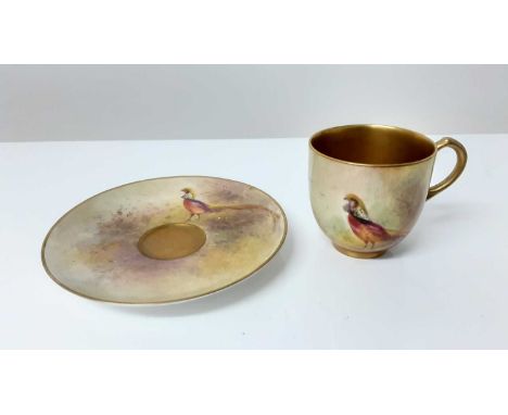 Royal Worcester cabinet cup and saucer, hand decorated with Pheasants, signed Jas StintonCondition report: Saucer measures 11