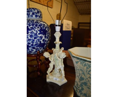 WOODEN REPRODUCTION LAMP SHADE MODELLED WITH TWO CHERUBS