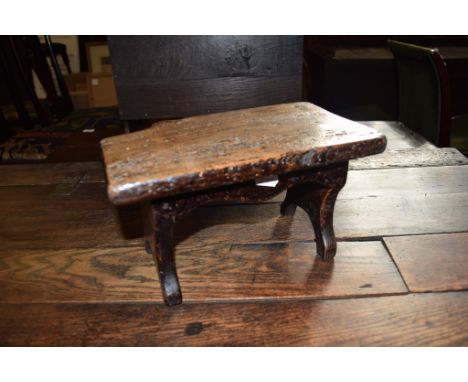 Vintage oak milking stool^ of plain rectangular form with trestle supports (a/f) 28cm wide
