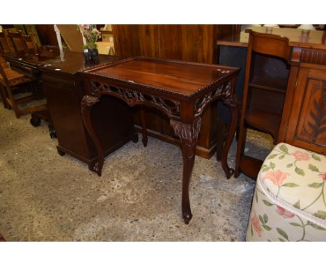 REPRODUCTION MAHOGANY SIDE TABLE, PIERCED FRONT ON CABRIOLE SUPPORTS, 82CM WIDE