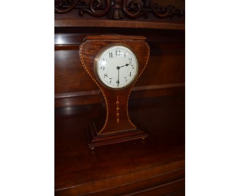 Edwardian mahogany balloon shaped mantel clock^ inlaid hatch bordering central circular Arabic chapter ring^ 25cm high