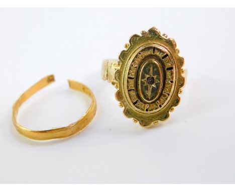 A 22ct gold wedding band, cut, 1.3g., together with a 19thC gold ring, cut, hallmarks incomplete, 2.3g. (2)