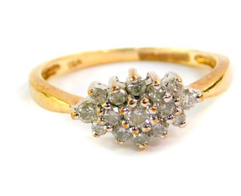 A 9ct gold and diamond cluster ring, in a lozenge shaped design, size K, 1.9g. 