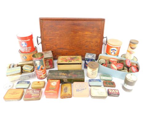 Vintage tin advertising containers for cigarettes, toilet soap and other household commodities and a oak rectangular tray. (a