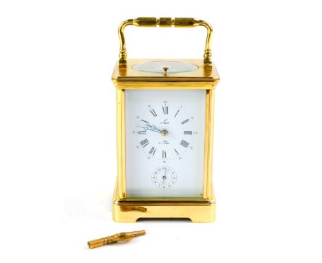 A Jacot A Paris brass cased repeater alarm carriage clock, rectangular dial bearing Roman and Arabic numerals, subsidiary ala