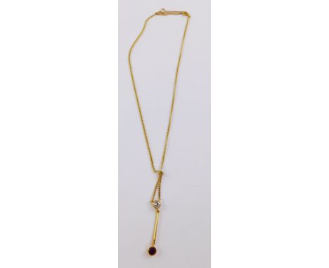 A Victorian ruby and diamond drop pendant, set in yellow metal, on a neck chain with bolt ring clasp, stamped 9ct, oval rose 