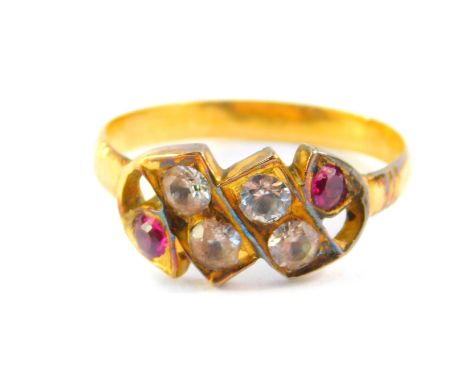 A Victorian ruby and diamond six stone ring, rose cut in yellow metal, stamped 22ct, size K/L, 1.8g all in. 