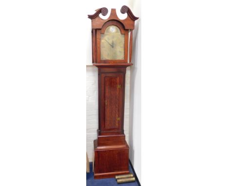 An oak long case clock, 18thC and later, the brass break arch dial with Tempus Fugit globe, and cherub's head spandrels, dial