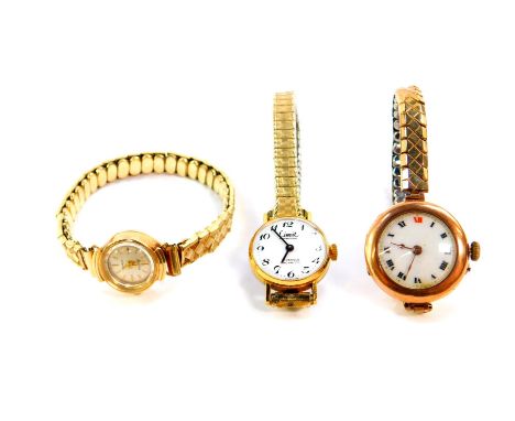An Accurist lady's 9ct gold wristwatch, on a plated strap, further 9ct rose gold cased wristwatch, set on a white enamel dial