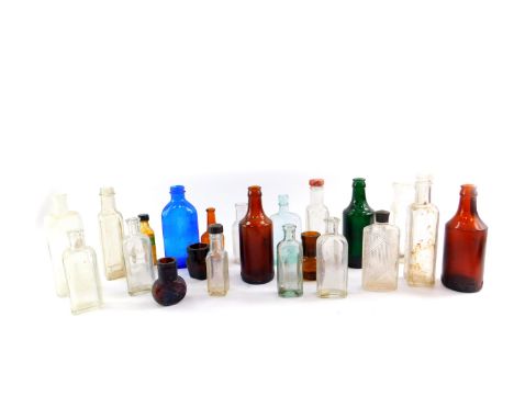 Vintage bottles, including a Milk of Magnesia blue bottle, two brown bottles for Miller and Child's Kettering, green bottle f