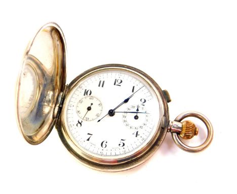 A George V silver hunter cased chronograph pocket watch, enamel dial bearing Arabic numerals, centre seconds, two subsidiary 