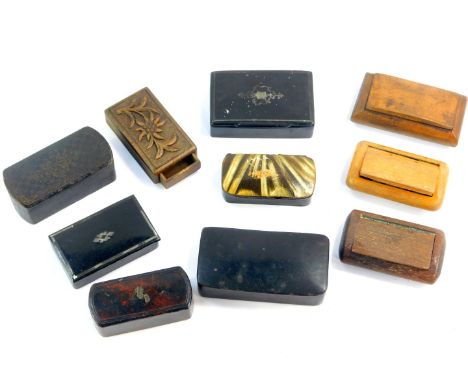 Two Victorian wooden and papier mache snuff boxes, together with a Swiss wooden match box carved with an Edelweiss. (10)