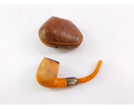 A Victorian meerschaum and amber pipe, makers mark BBB, with silver mount, reptile skin cased, Louis Plumfeld, Birmingham 189
