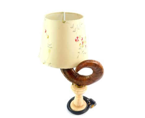A ram's horn and marble table lamp, with a floral embroidered shade, 54.5cm high. 