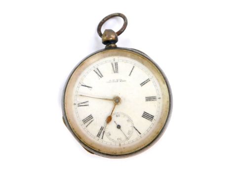 A Victorian silver cased gentleman's pocket watch, open faced, key wind, enamel dial bearing Roman numerals, subsidiary secon