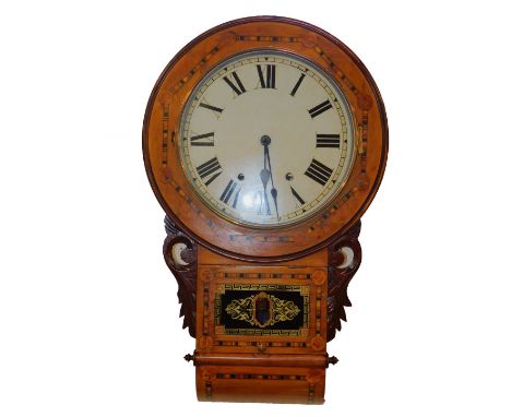 A Victorian walnut and marquetry inlaid drop dial wall clock, circular enamel dial bearing Roman numerals, eight day movement