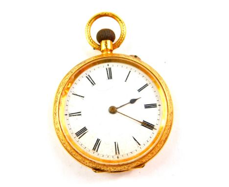 A lady's pocket watch, stamped 18c, open faced, keyless wind, enamel dial bearing Roman numerals, movement number 139876, the