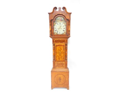J Chant of Brigg. An early 19thC oak mahogany and rosewood cross banded long case clock, the break arch dial painted with a g