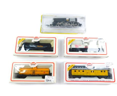 A Bachmann OO gauge locomotive chassis, 4-6-0, model power old time wooden passenger car, Denver and Rio Grande with a Wester