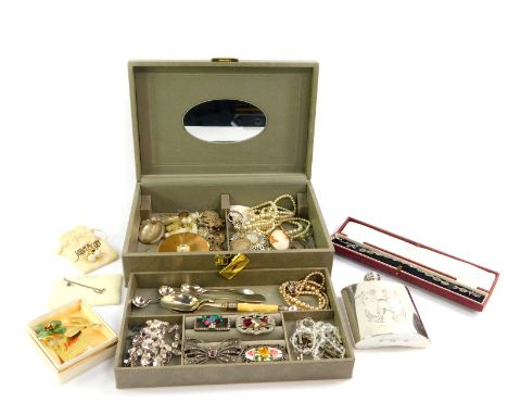 Silver and costume jewellery, including a marcasite set bracelet, Limoges enamel and paste set brooch, further brooches, came