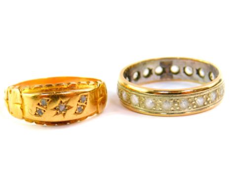 A Victorian diamond ring, set in yellow metal, hallmarks worn, size N, 2.2g, together with a full eternity ring, set with cub
