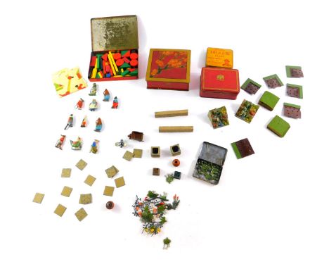 Vintage lead animal figures, and a toy garden set and wooden building set, with various tin boxes including Crawfords Biscuit
