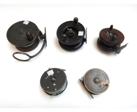 Fishing interest; a Hardy Bros three inch fly fishing reel 'The L.R.H Lightweight' a vintage Mallochs patent brass 4 1/4 inch
