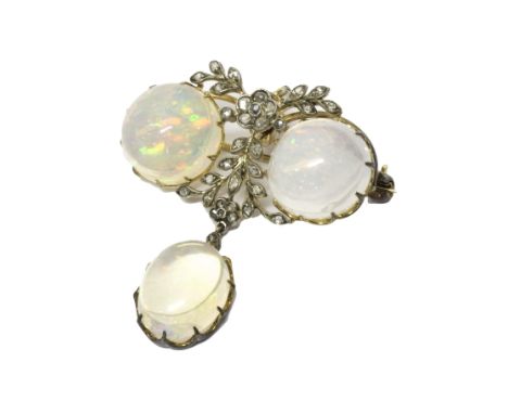 A rose diamond and water opal set pendant brooch, the top mounted with two circular water opals and with a rose diamond set f