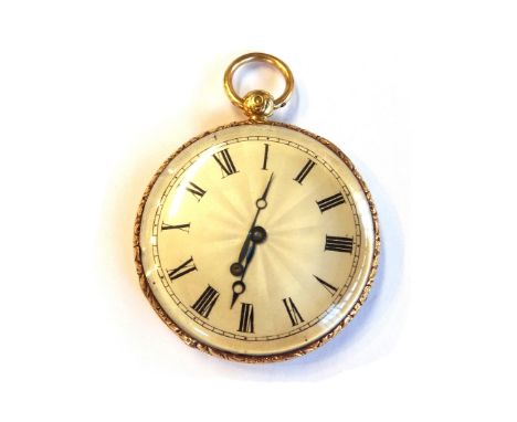 A gold cased, key wind openfaced fob watch, with an unsigned gilt jeweled cylinder movement, gold inner case, detailed Le Roy
