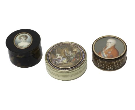 A group of three circular snuff boxes inset with portrait miniatures, late 18th century and later comprising; a pique inlaid 
