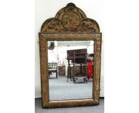 A Queen Anne style arch top gilt framed wall mirror, the frame inset with textile panels, 51cm x 84cm. 