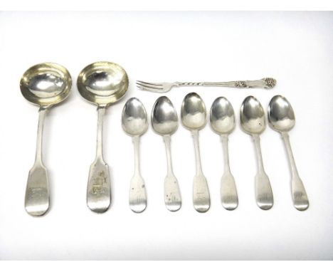 Silver table flatware, comprising; a pair of fiddle pattern sauce ladles, London 1834, a pickle trident, Birmingham 1896, fou
