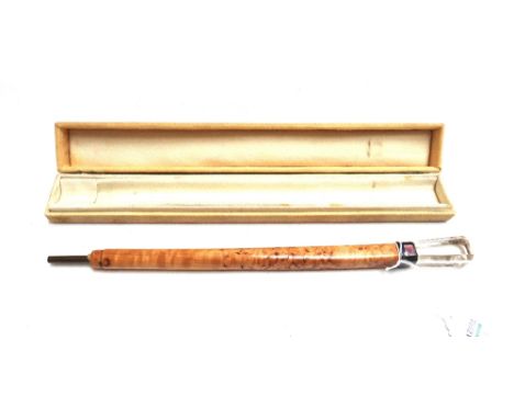 A Viennese enamel, crystal and birch parasol handle in a leather clad case, dated to the lid '23 Juin 1908', 26cm.