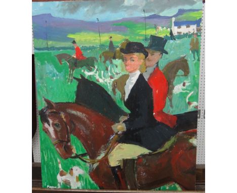 Charles Mozley (1914-1991), Hunting scene, oil on board, signed and dated '56, unframed, 53cm x 44cm.