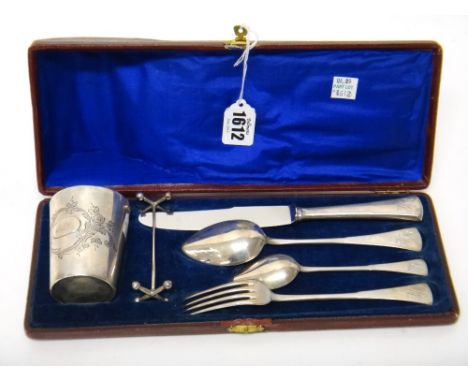 A European five piece composite christening set, comprising; a dessert spoon, a teaspoon, a dessert fork, a steel bladed knif