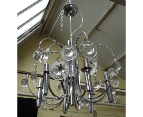 A Italian chrome plated and steel, glass mounted six light chandelier, circa 1960, the arms mounted with convex glass discs, 