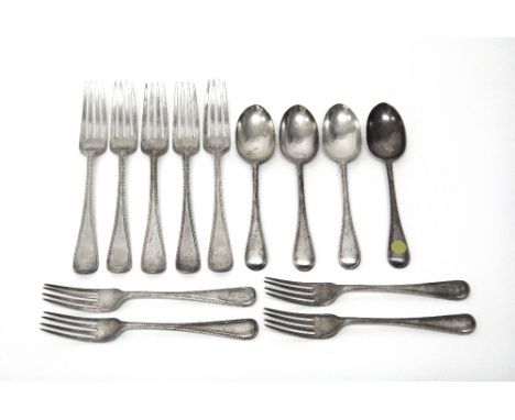 Victorian silver single struck Old English with bead edges table flatware, comprising; five table forks, four dessert spoons 
