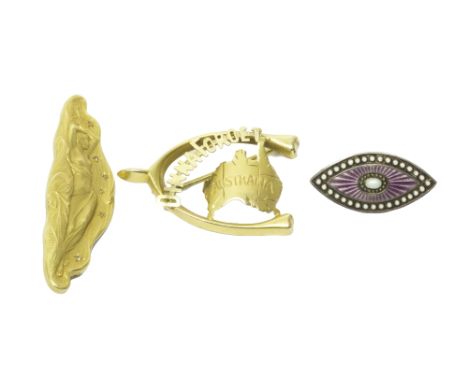 An American gold and rose diamond set Art Nouveau brooch, detailed F. Vernon, designed as the reclining figure of a maiden, w