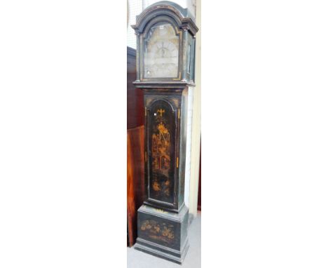 An 18th century green lacquer chinoiserie decorated eight day longcase clock, the arch top over a twelve inch dial with subsi