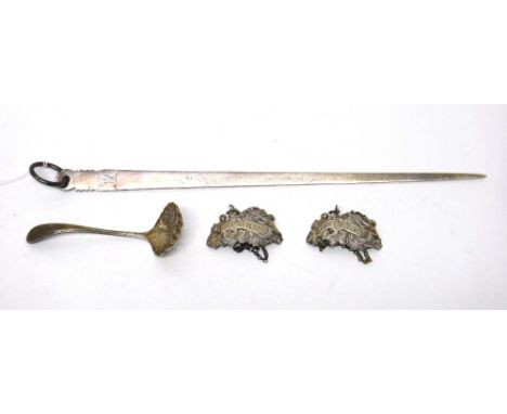Silver, comprising; a George III meat skewer, fitted with a circular ring at the top, crest engraved, Chester probably 1789, 