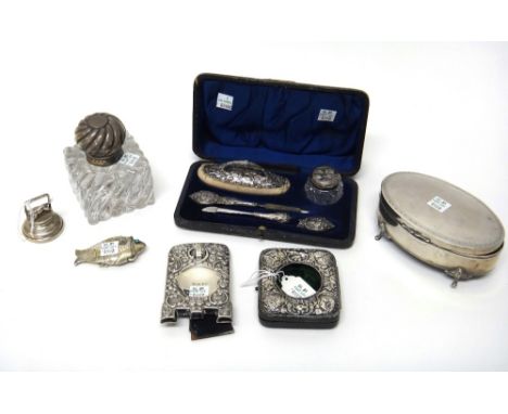 Silver and silver mounted wares, comprising; a Victorian square glass inkstand, with spiral fluted decoration, Birmingham 189