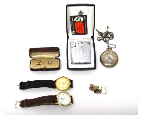 A lady's key wind, openfaced fob watch, with a key and a dress Albertine, a pair of silver and gilt fronted curved rectangula