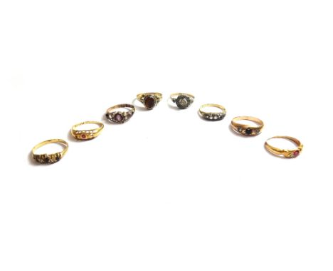 A Victorian 9ct gold, garnet and imitation pearl set ring mount, Birmingham 1879, an 18ct gold ring mount, Birmingham 1918 an