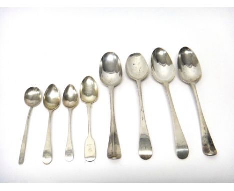 Silver table flatware, comprising; a rat tail pattern tablespoon, struck with the maker's mark S B, with a crown above three 