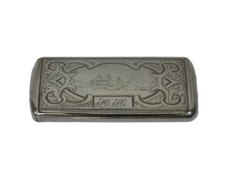 A European rectangular hinge lidded snuff box, engraved with a view of a building to the centre, within scrolled borders, gil