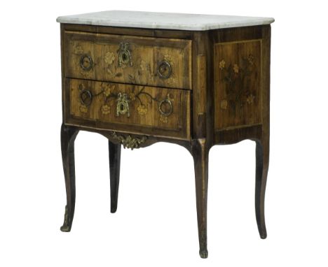 A Louis XV commode, the shaped marble top over a floral marquetry inlaid rosewood gilt metal mounted two drawer base on cabri